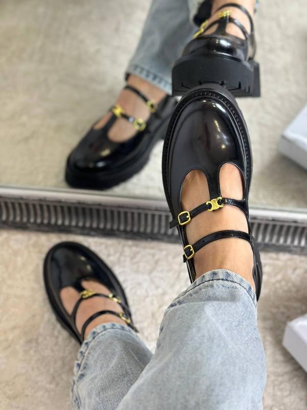 ✨ Mary Jane Noires Brillantes Élégantes – Cuir Premium & Boucles Dorées ✨