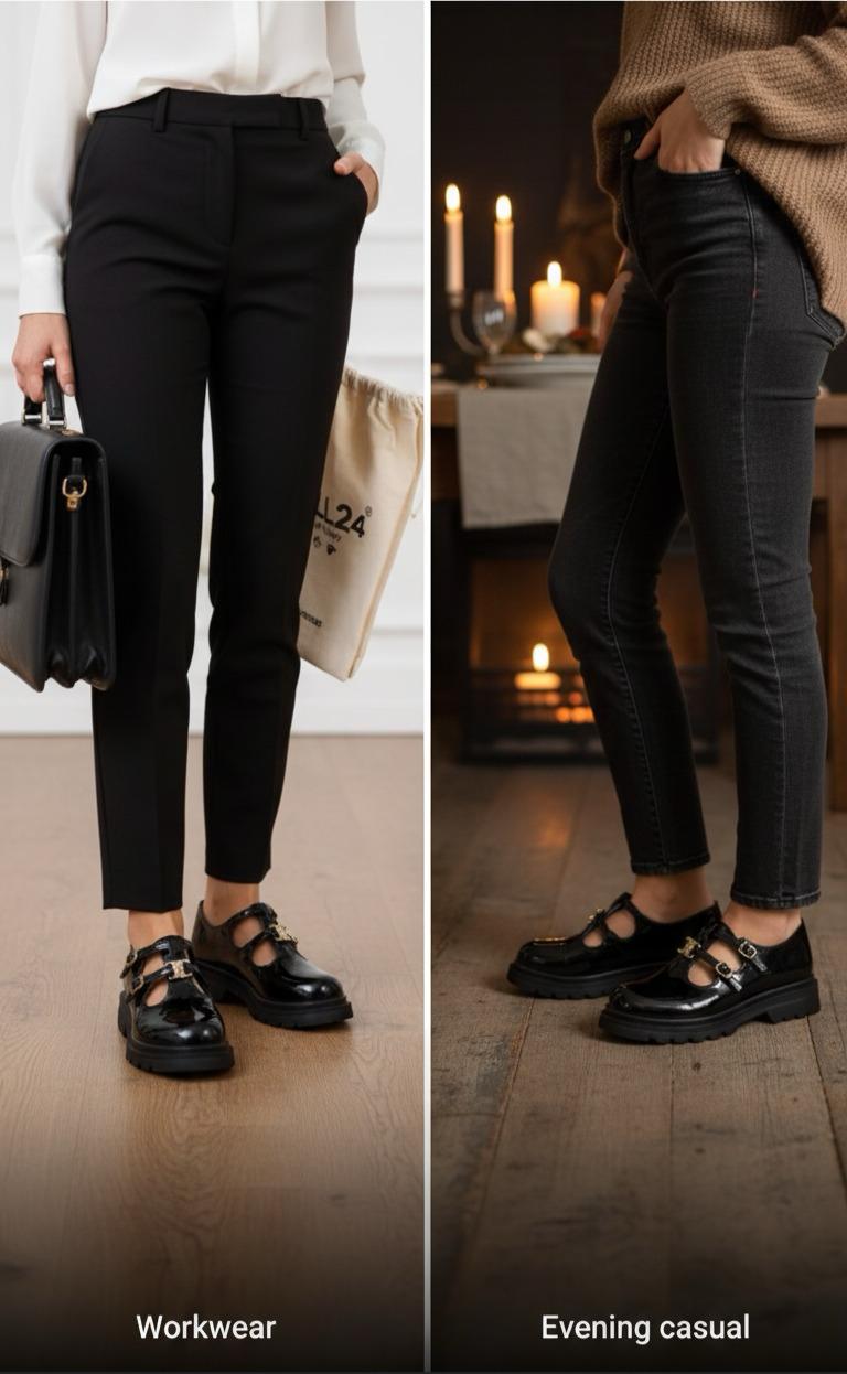 ✨ Mary Jane Noires Brillantes Élégantes – Cuir Premium & Boucles Dorées ✨