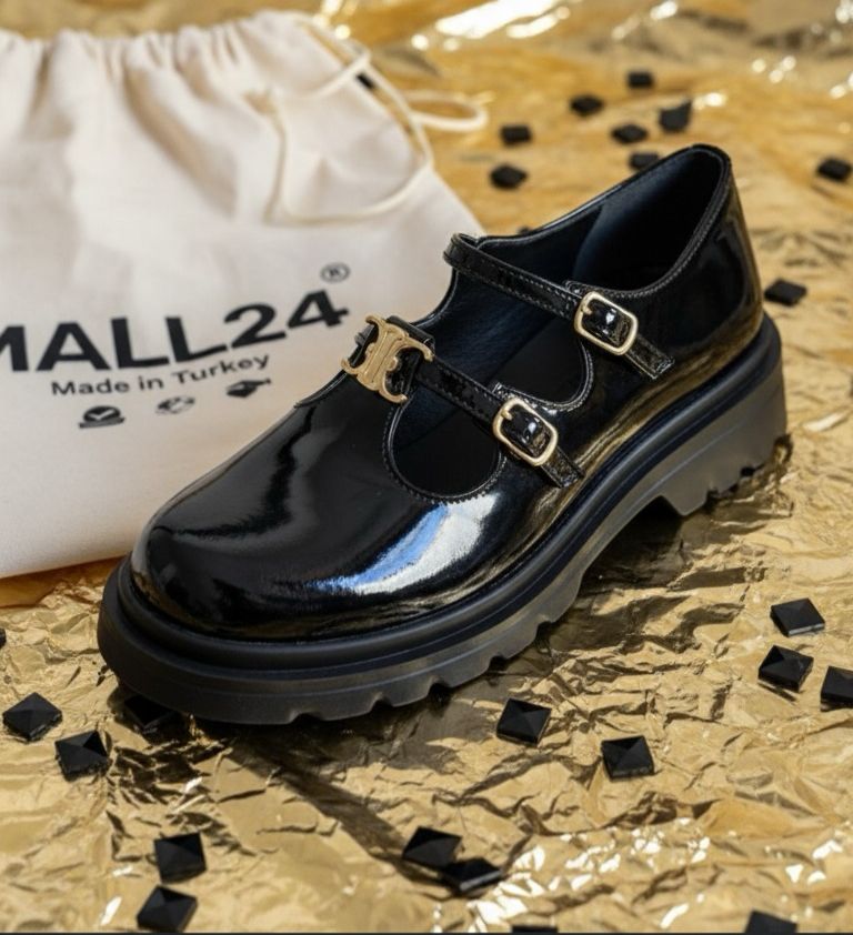 ✨ Mary Jane Noires Brillantes Élégantes – Cuir Premium & Boucles Dorées ✨