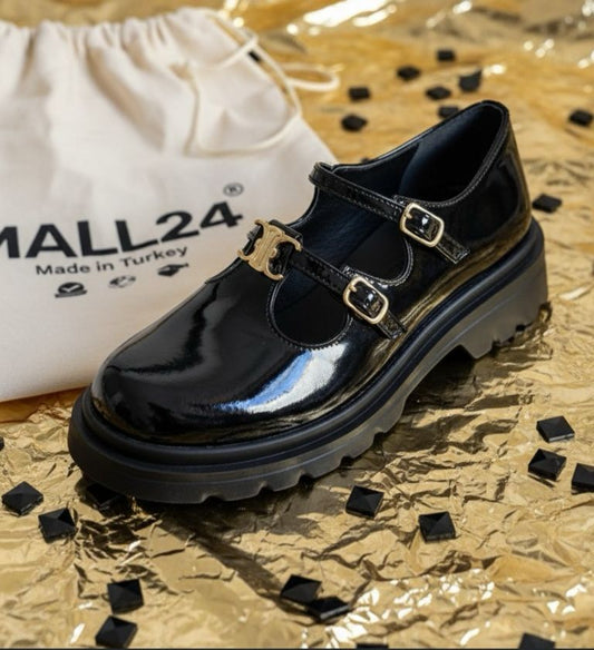 ✨ Mary Jane Noires Brillantes Élégantes – Cuir Premium & Boucles Dorées ✨